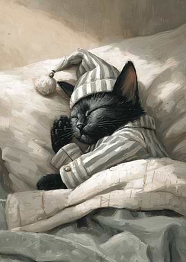 Black Kitten Sleeping in Pajamas