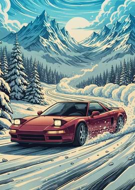 Red Sports Car Drifting in Snow