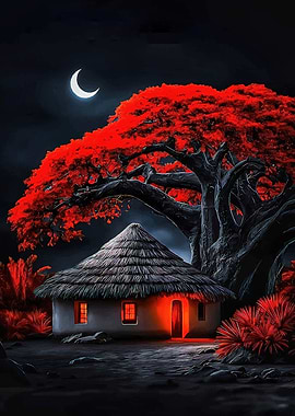 Fantasy Night Scene with Red Tree and Hut