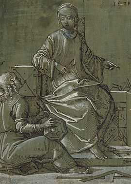 Two figures studying geometry