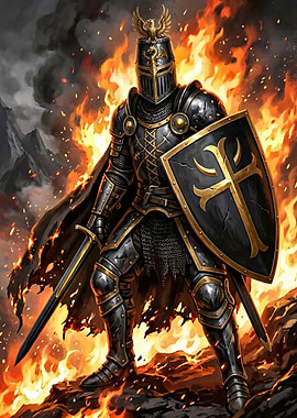 The Knight in Armor Amidst Flames with Sword