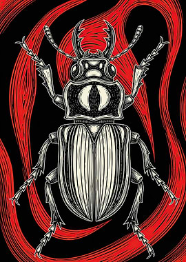 Stag Beetle with Red Swirl Background