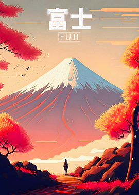 Mount Fuji Landscape with Red Trees