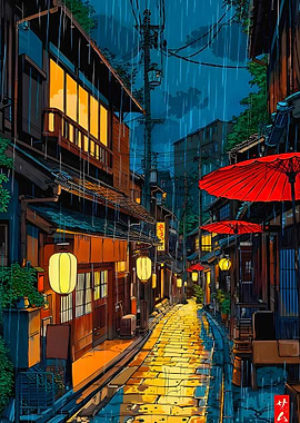 Rainy Japanese Street with Umbrellas