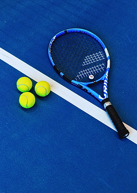 Tennis Racket and Balls on Court