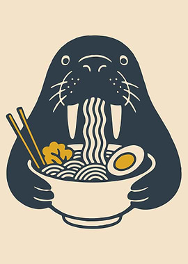 Walrus Ramen Poster, Cute Animal Noodle Illustration, Japanese Food Wall Art Print