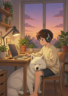 Anime boy with dog studying at sunset