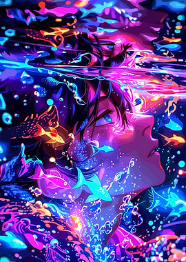 Anime Girl Underwater with Fish