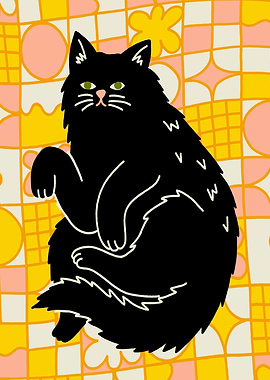 Black Cat on Retro Pattern Background