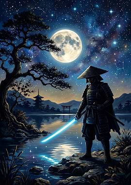 Samurai with glowing sword under the moon