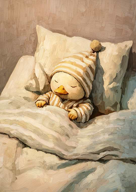 Cute Duckling Sleeping in Bed