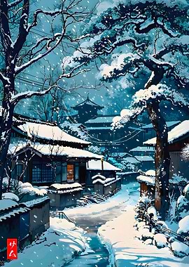 Snowy Japanese Village Scene