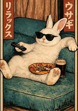 Cool Rabbit Watching TV with Pizza and Beer