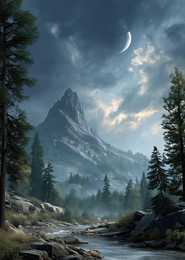 Misty Mountain River Under Crescent Moon