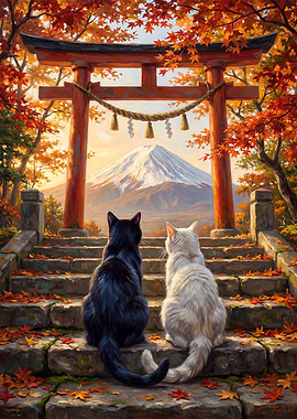 Cat Love Mount Fuji Torii Gate Autumn