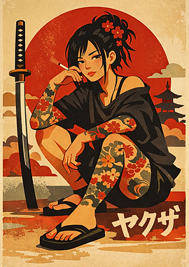Yakuza Woman with Katana and Tattoos