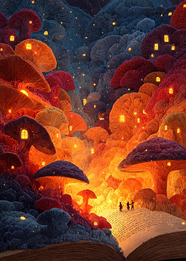 Magical Mushroom Village on an Open Book