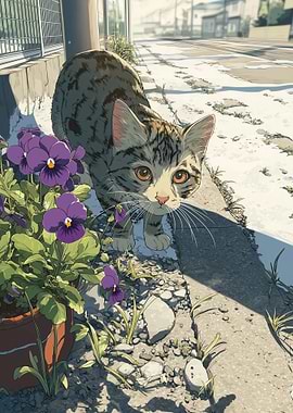 Kitten by purple flowers on street