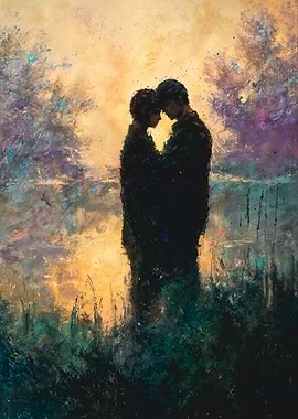 Abstract Painting Romantic Couple Embrace