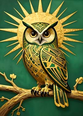Golden Green Art Deco Owl with Sunburst