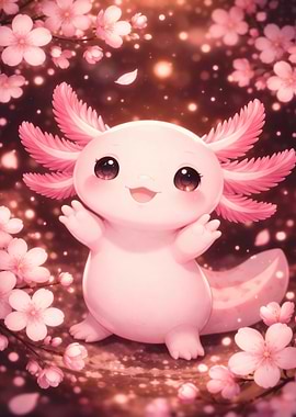 Cute Axolotl Among Cherry Blossoms