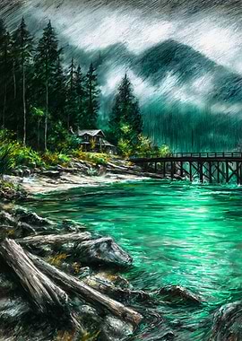Textured Emerald River Cabin Painting