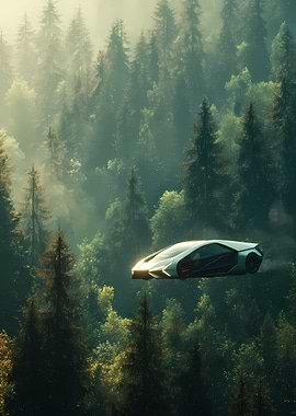 Futuristic Car Flying Over Forest
