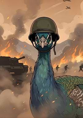 Peacock in Military Helmet Amidst War Scene
