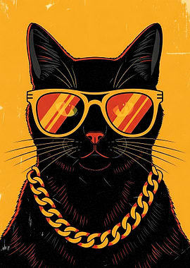 Cool Black Cat with Sunglasses and Chain