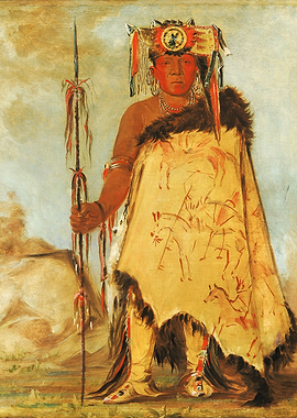 Native American Warrior with Spear and Headdress