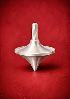 Silver Spinning Top on Red Background
