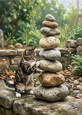 Kitten Playing with Stacked Stones