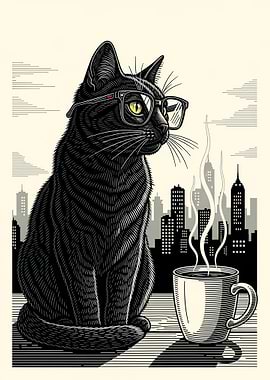 Black Cat with Glasses and Coffee