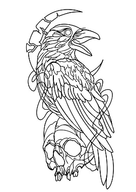 Raven on Skull with Crescent Moon