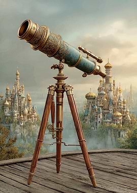 Ornate Telescope Overlooking Fantasy Cityscape