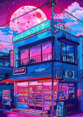 Neon Anime Convenience Store at Night