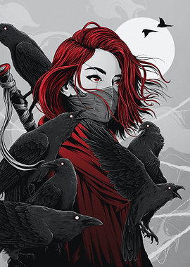 Red-haired woman with crows
