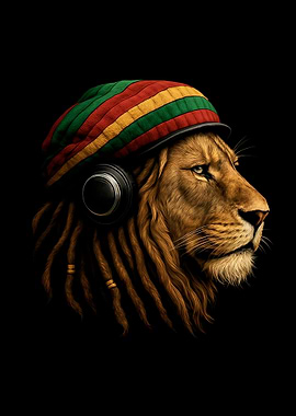 Lion with Headphones and Rasta Hat