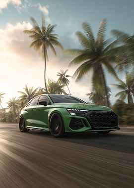 Green Audi RS3 Driving on Tropical Road