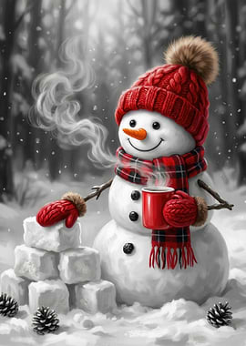 Snowman with Hot Drink in Winter Forest