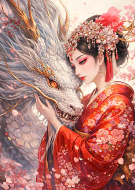 Woman and Dragon with Cherry Blossoms