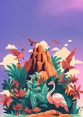 Tropical paradise with flamingos and birds
