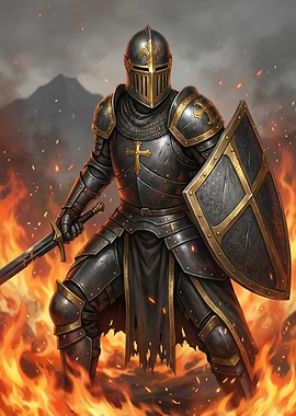 Knight in Armor Amidst Flames with Sword