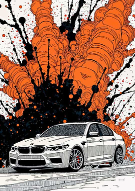 White BMW M5 with Orange Explosion