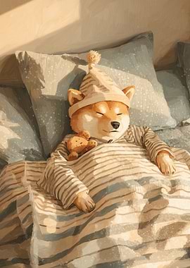 Shiba Inu Dog Sleeping in Bed