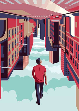 Man walking through surreal cityscape