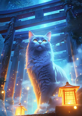 Shrine Guardian Cat and Sacred Torii