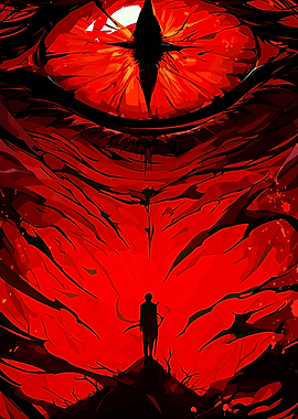 Giant Red Eye Overlooking a Lone Figure