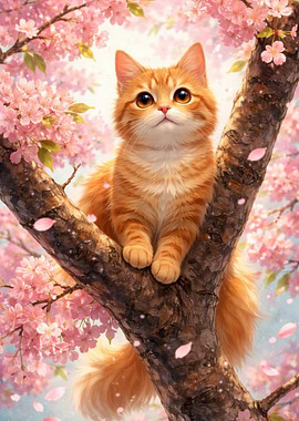 Cute Orange Cat in Cherry Blossoms