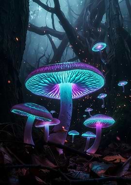 Bioluminescent Mushrooms in a Dark Forest